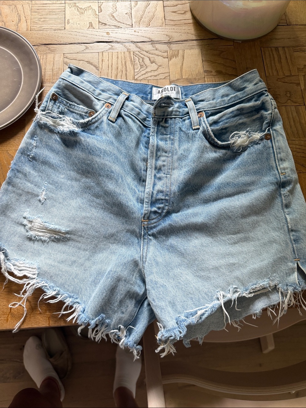 Agolde Light Blue High-Rise Distressed Denim Cutoff Shorts Size 28